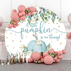 Aperturee - Aperturee A Little Pumpkin is on the Way Round Backdrop Blue Pumpkin and Eucalyptus Boys Rustic Baby Shower Photo Prop