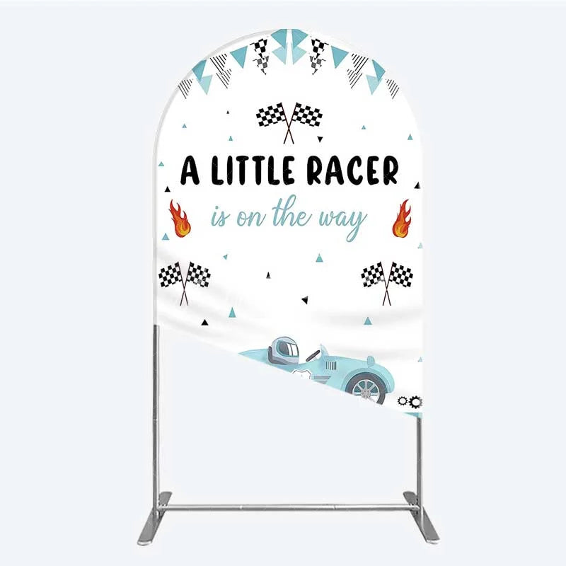 Aperturee - Aperturee A Little Racer is on the Way Arch Backdrop Blue Race Car and Checkered Flag Baby Shower Decor