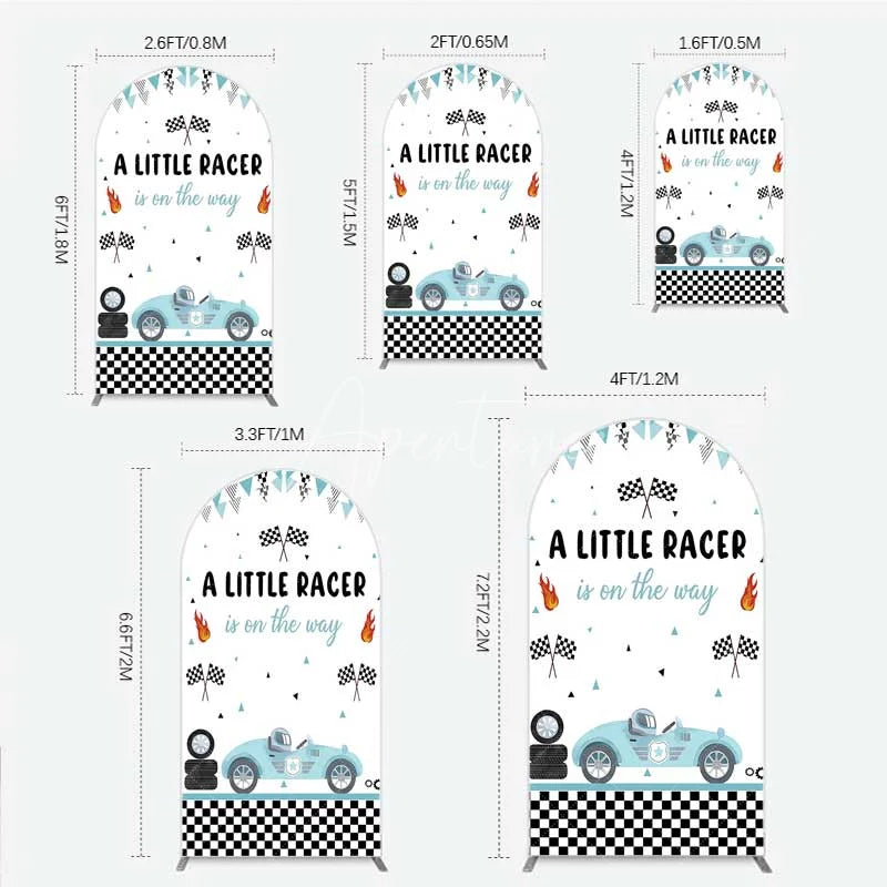 Aperturee - Aperturee A Little Racer is on the Way Arch Backdrop Blue Race Car and Checkered Flag Baby Shower Decor