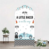 Aperturee - Aperturee A Little Racer is on the Way Arch Backdrop Blue Race Car and Checkered Flag Baby Shower Decor