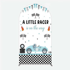 Aperturee - Aperturee A Little Racer is on the Way Arch Backdrop Blue Race Car and Checkered Flag Baby Shower Decor