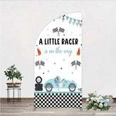 Aperturee - Aperturee A Little Racer is on the Way Half Moon Arch Backdrop Blue Race Car and Checkered Flag Baby Shower Decor
