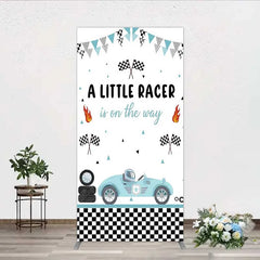 Aperturee - Aperturee A Little Racer is on the Way Rectangle Backdrop Blue Race Car and Checkered Flag Baby Shower Decor