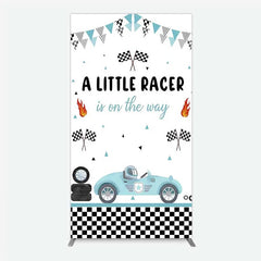 Aperturee - Aperturee A Little Racer is on the Way Rectangle Backdrop Blue Race Car and Checkered Flag Baby Shower Decor