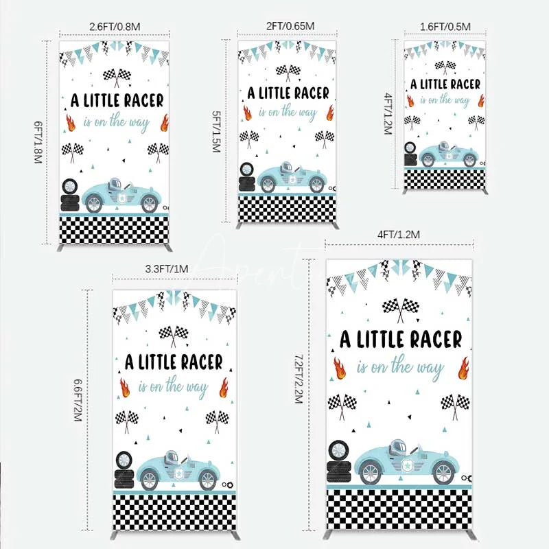 Aperturee - Aperturee A Little Racer is on the Way Rectangle Backdrop Blue Race Car and Checkered Flag Baby Shower Decor