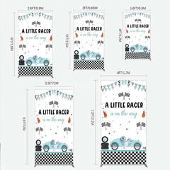 Aperturee - Aperturee A Little Racer is on the Way Rectangle Backdrop Blue Race Car and Checkered Flag Baby Shower Decor