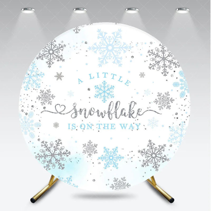 Aperturee - Aperturee A Little Snowflake is on the Way Round Backdrop Blue and Silver Winter Wonderland Baby Shower Party Decor