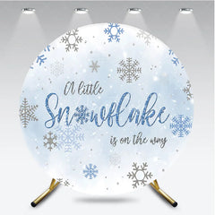 Aperturee - Aperturee A Little Snowflake Is On The Way Round Backdrop Winter Blue Baby Shower Decor