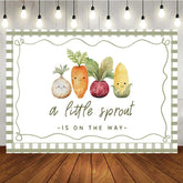 Aperturee - Aperturee A Little Sprout Is On The Way Baby Shower Backdrop Cute Garden Vegetable Green Gingham Party Banner