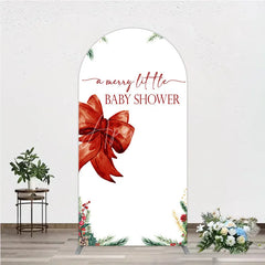 Aperturee - Aperturee A Merry Little Baby Shower Arch Backdrop Christmas Holiday Theme with Red Bow Winter Botanical Party Decor