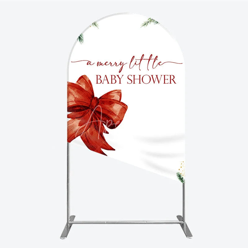 Aperturee - Aperturee A Merry Little Baby Shower Arch Backdrop Christmas Holiday Theme with Red Bow Winter Botanical Party Decor