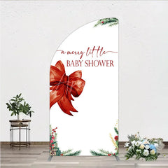 Aperturee - Aperturee A Merry Little Baby Shower Half Moon Arch Backdrop Christmas Holiday Theme with Red Bow Winter Botanical Party Decor