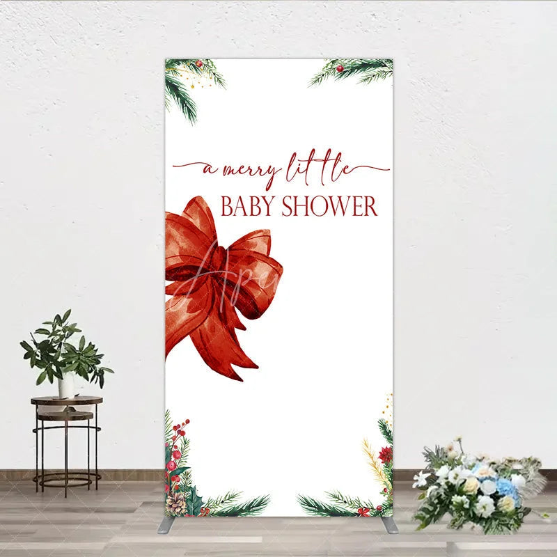 Aperturee - Aperturee A Merry Little Baby Shower Rectangle Backdrop Christmas Holiday Theme with Red Bow Winter Botanical Party Decor