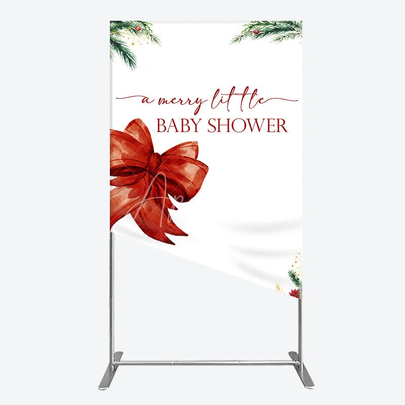 Aperturee - Aperturee A Merry Little Baby Shower Rectangle Backdrop Christmas Holiday Theme with Red Bow Winter Botanical Party Decor