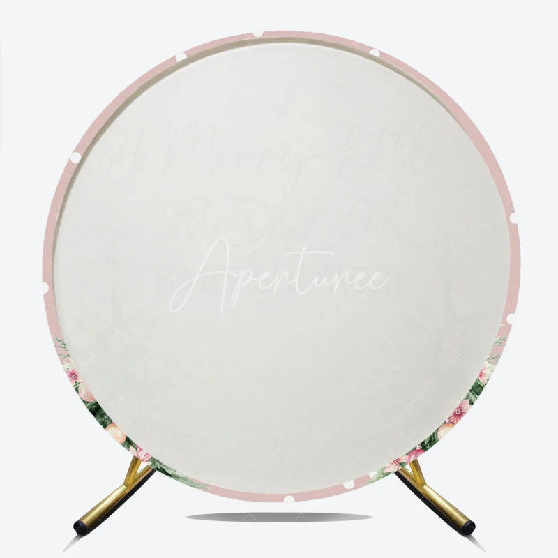 Aperturee - Aperturee A Merry Little Baby Shower Round Backdrop Pink Christmas Tree and Polka Dots Winter Holiday Party for Girl