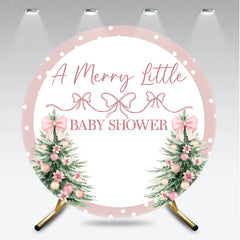 Aperturee - Aperturee A Merry Little Baby Shower Round Backdrop Pink Christmas Tree and Polka Dots Winter Holiday Party for Girl
