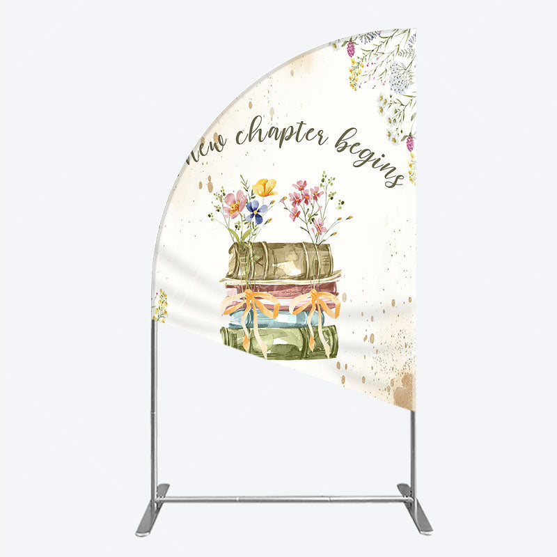 Aperturee - Aperturee A New Chapter Begins Baby Shower Half Moon Arch Backdrop Watercolor Books and Wildflowers Book Themed Welcome Sign