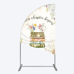Aperturee - Aperturee A New Chapter Begins Baby Shower Half Moon Arch Backdrop Watercolor Books and Wildflowers Book Themed Welcome Sign