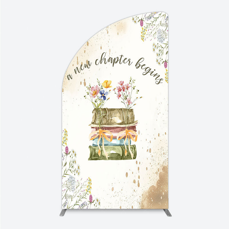 Aperturee - Aperturee A New Chapter Begins Baby Shower Half Moon Arch Backdrop Watercolor Books and Wildflowers Book Themed Welcome Sign