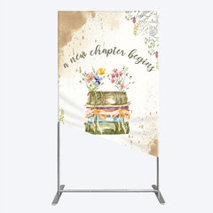 Aperturee - Aperturee A New Chapter Begins Baby Shower Rectangle Backdrop Watercolor Books and Wildflowers Book Themed Welcome Sign Decor