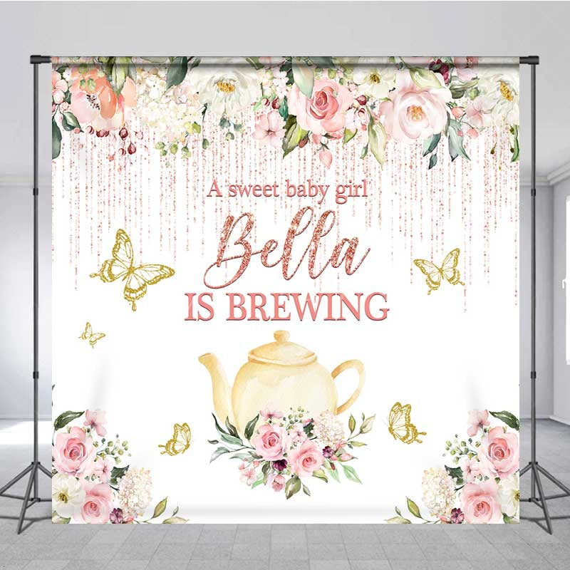 Aperturee Aperturee A Sweet Baby Girl is Brewing Backdrop Custom Tea Party Baby Shower Rose Gold Floral and Butterfly Banner