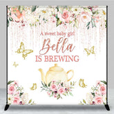 Aperturee Aperturee A Sweet Baby Girl is Brewing Backdrop Custom Tea Party Baby Shower Rose Gold Floral and Butterfly Banner
