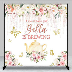 Aperturee Aperturee A Sweet Baby Girl is Brewing Backdrop Custom Tea Party Baby Shower Rose Gold Floral and Butterfly Banner
