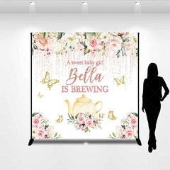 Aperturee Aperturee A Sweet Baby Girl is Brewing Backdrop Custom Tea Party Baby Shower Rose Gold Floral and Butterfly Banner