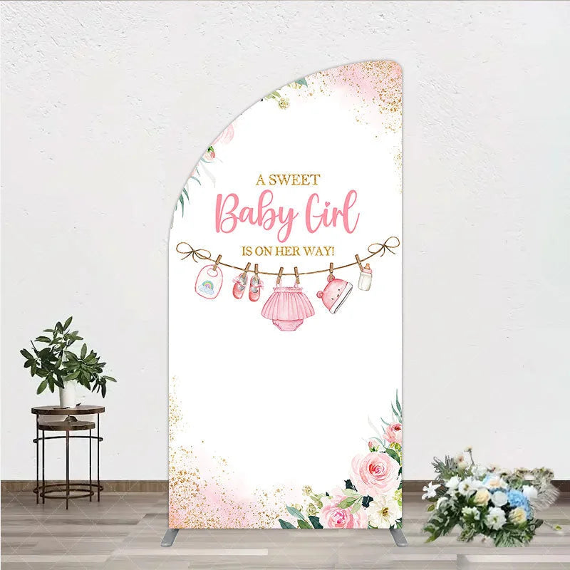 Aperturee - Aperturee A Sweet Baby Girl Is On Her Way Half Moon Arch Backdrop Pink Floral Gold Glitter Shower Decor