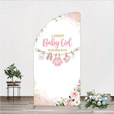 Aperturee - Aperturee A Sweet Baby Girl Is On Her Way Half Moon Arch Backdrop Pink Floral Gold Glitter Shower Decor
