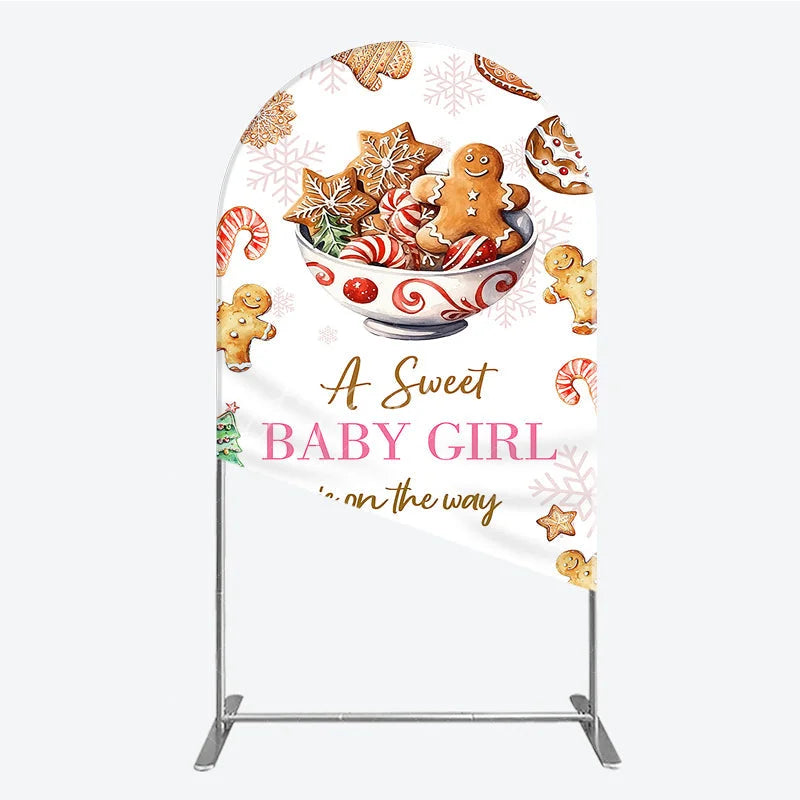 Aperturee - Aperturee A Sweet Baby Girl is on the Way Arch Backdrop Christmas Gingerbread Cookie Winter Holiday Baby Shower Decor