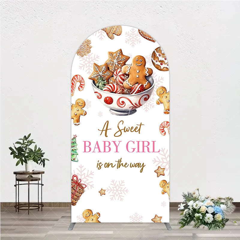 Aperturee - Aperturee A Sweet Baby Girl is on the Way Arch Backdrop Christmas Gingerbread Cookie Winter Holiday Baby Shower Decor