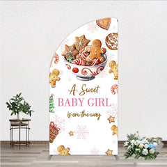 Aperturee - Aperturee A Sweet Baby Girl is on the Way Half Moon Arch Backdrop Christmas Gingerbread Cookie Winter Holiday Baby Shower Decor