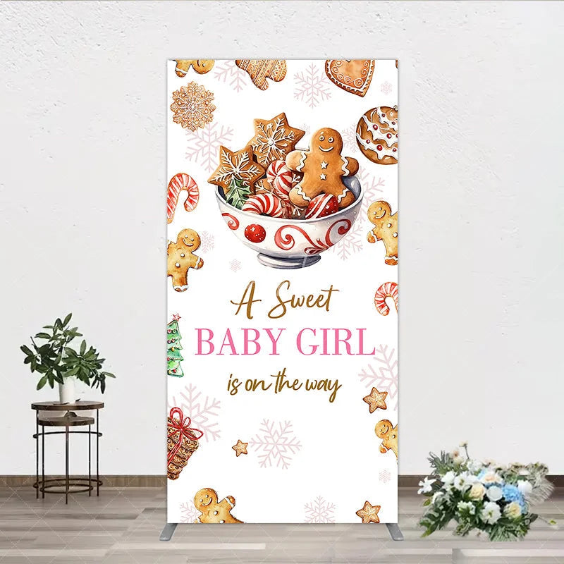 Aperturee - Aperturee A Sweet Baby Girl is on the Way Rectangle Backdrop Christmas Gingerbread Cookie Winter Holiday Baby Shower Decor