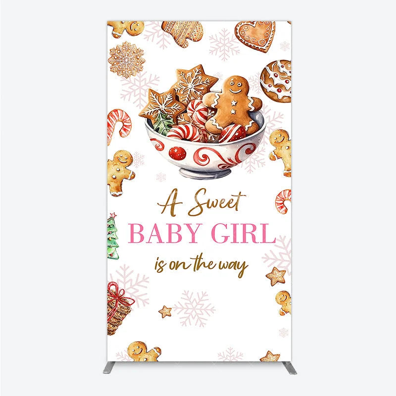 Aperturee - Aperturee A Sweet Baby Girl is on the Way Rectangle Backdrop Christmas Gingerbread Cookie Winter Holiday Baby Shower Decor