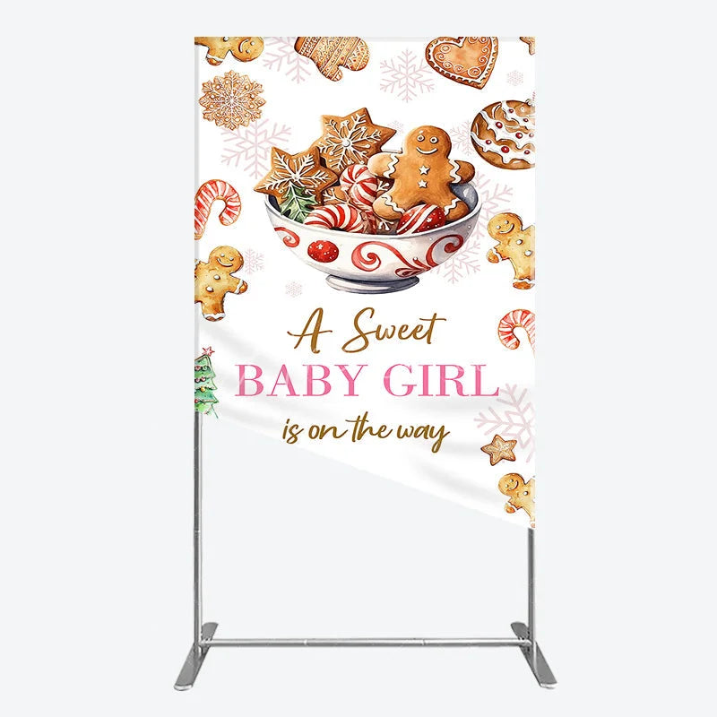 Aperturee - Aperturee A Sweet Baby Girl is on the Way Rectangle Backdrop Christmas Gingerbread Cookie Winter Holiday Baby Shower Decor