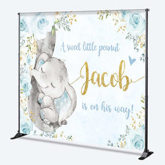 Aperturee Aperturee A Sweet Little Peanut Is On His Way Backdrop Custom Elephant Baby Shower Blue and Gold Floral Welcome Sign Decor