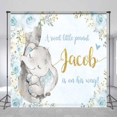 Aperturee Aperturee A Sweet Little Peanut Is On His Way Backdrop Custom Elephant Baby Shower Blue and Gold Floral Welcome Sign Decor