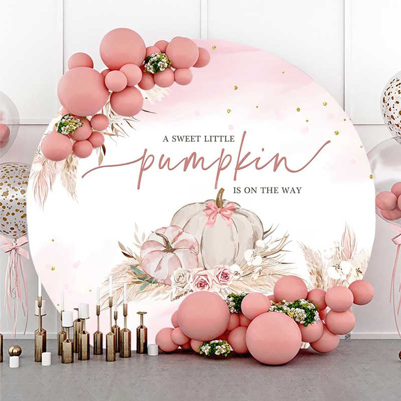 Aperturee - Aperturee A Sweet Little Pumpkin is on the Way Round Backdrop Boho Pink Pumpkin and Roses Girl Baby Shower Photo Prop