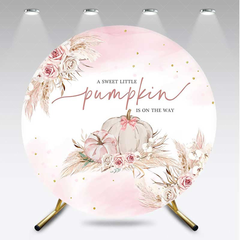 Aperturee - Aperturee A Sweet Little Pumpkin is on the Way Round Backdrop Boho Pink Pumpkin and Roses Girl Baby Shower Photo Prop