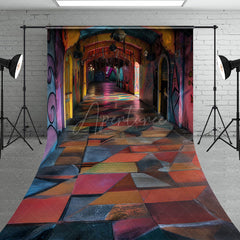 Aperturee - Aperturee Abandoned Funhouse Hallway Sweep Backdrop Colorful Graffiti for Grungy Photos Carnival Themed Studio Floor
