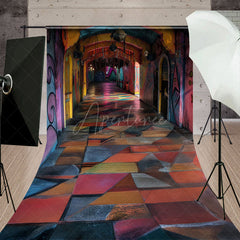 Aperturee - Aperturee Abandoned Funhouse Hallway Sweep Backdrop Colorful Graffiti for Grungy Photos Carnival Themed Studio Floor
