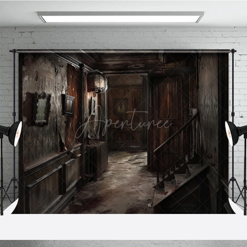 Aperturee - Aperturee Abandoned Haunted Mansion Photography Backdrop Derelict Hallway for Horror Photos Spooky House Interior Studio