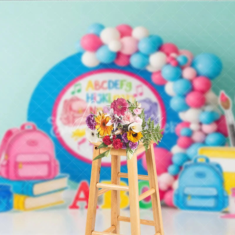 Aperturee - Aperturee ABC 123 Back To School Backdrop Blue Circle Backpacks Paintbrushes Background Preschool Photography Banner