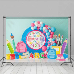 Aperturee - Aperturee ABC 123 Back To School Backdrop Blue Circle Backpacks Paintbrushes Background Preschool Photography Banner