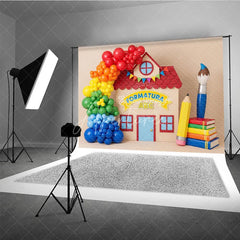 Aperturee - Aperturee ABC Graduation Schoolhouse Backdrop Rainbow Balloons Paintbrush Pencil Background Preschool Photography Prop