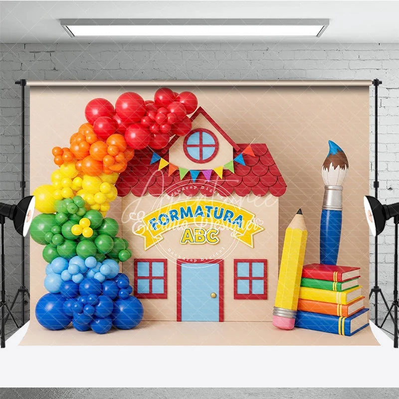 Aperturee - Aperturee ABC Graduation Schoolhouse Backdrop Rainbow Balloons Paintbrush Pencil Background Preschool Photography Prop