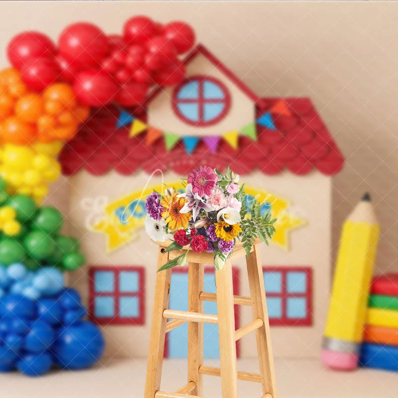 Aperturee - Aperturee ABC Graduation Schoolhouse Backdrop Rainbow Balloons Paintbrush Pencil Background Preschool Photography Prop