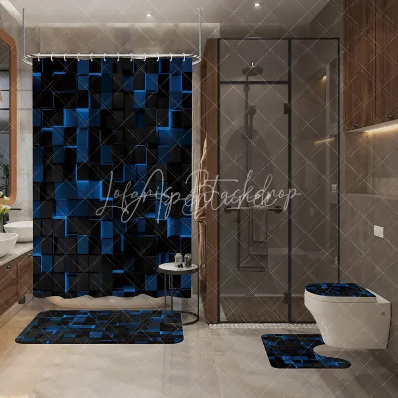 Lofaris Abstract 3D Blue and Black Cube Shower Curtain Set 4 Piece Futuristic Geometric Bathroom Decor
