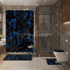 Lofaris Abstract 3D Blue and Black Cube Shower Curtain Set 4 Piece Futuristic Geometric Bathroom Decor